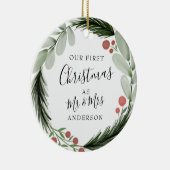 Erste Weihnachten als Herr und Frau Wreath Holiday Keramik Ornament (Rechts)