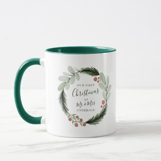 Erste Weihnachten als Herr und Frau Wreath Holiday Tasse (Links)