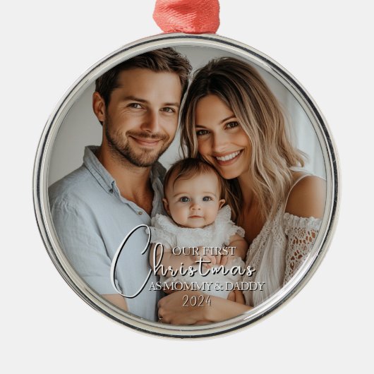 Erste Weihnachten als Mama und Papa Custom Foto Ornament Aus Metall (Vorne)