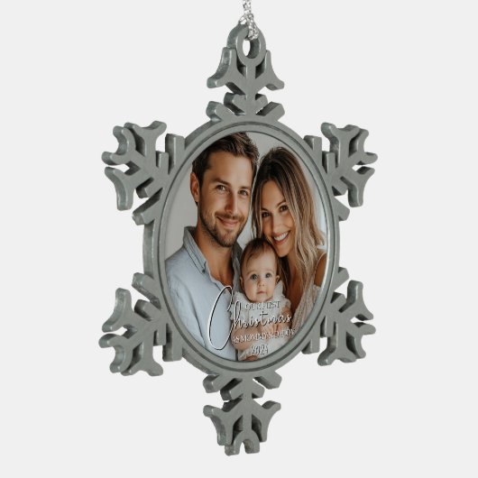 Erste Weihnachten als Mama und Papa Custom Foto Schneeflocken Zinn-Ornament (Links)