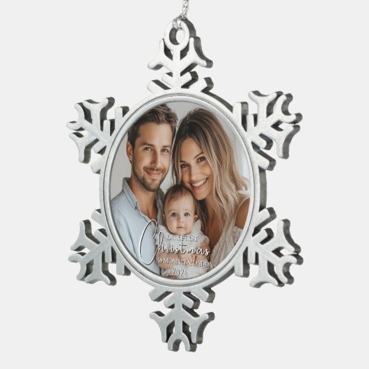 Erste Weihnachten als Mama und Papa Custom Foto Schneeflocken Zinn-Ornament (Rechts)