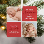 Erste Weihnachten als Mommy Daddy Red Foto Ornament Aus Metall<br><div class="desc">Moderne,  neue Babyschmuck mit 2 Fotos Ihrer neugeborenen,  klassischen roten Plätze,  mit dem Sprichwort "Unsere ersten Weihnachten als Mama & Papa",  dem Babynamen und den Geburtsdaten.</div>