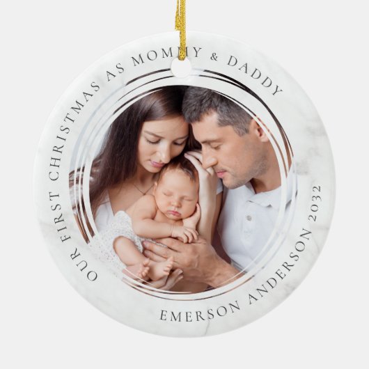 Erste Weihnachten als Mommy und Daddy Marble Foto Keramik Ornament (Hinten)