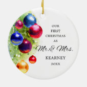 Erste Weihnachten als Mr. & Mrs. Personalisiert Ba Keramik Ornament (Hinten)