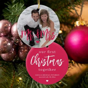 Erste Weihnachten als Mr. & Mrs. Script Foto Name  Keramik Ornament