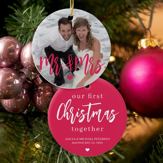 Erste Weihnachten als Mr. & Mrs. Script Foto Name Keramik Ornament