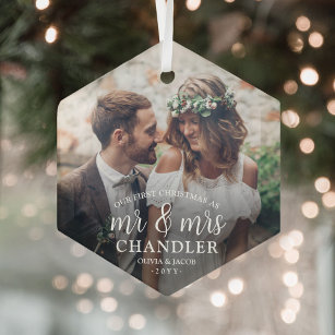Erste Weihnachten als Mr. & Mrs. ∙ Simple Foto Hex Ornament Aus Glas