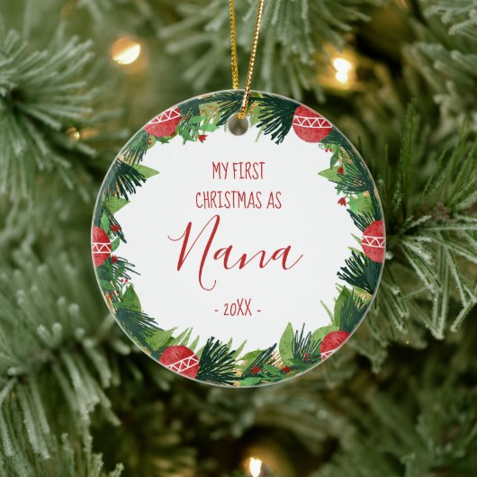 Erste Weihnachten als Nana Baby Foto Wreath Keramik Ornament (Baum)