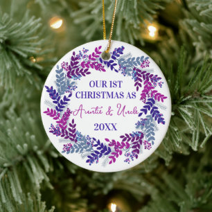 Erste Weihnachten als Tantchen & Onkel Lila Kranz Keramik Ornament