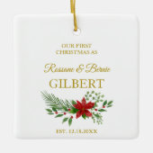 Erste Weihnachten als Zitat mit Poinsettias Design Keramikornament (Vorderseite)