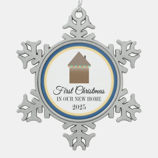 Erste Weihnachten auf unserer neuen Zuhause Schneeflocken Zinn-Ornament (Vorderseite)