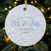 Erste Weihnachten Frau Blue Silver Winter Glitzer Keramik Ornament