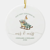 Erste Weihnachten Frau Wedding Sleigh Kariertes Fo Keramik Ornament (Vorne)