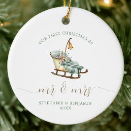 Erste Weihnachten Frau Wedding Sleigh Kariertes Fo Keramik Ornament