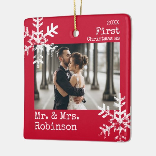 Erste Weihnachten Herr & Mrs. Custom Foto Snowflak Keramikornament (Links)