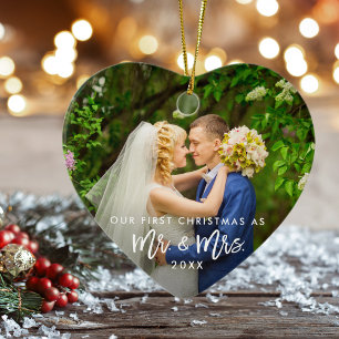 Erste Weihnachten Herr & Mrs. Foto Brush Script Keramik Ornament