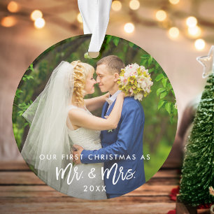 Erste Weihnachten Herr & Mrs. Foto Brush Script Ornament