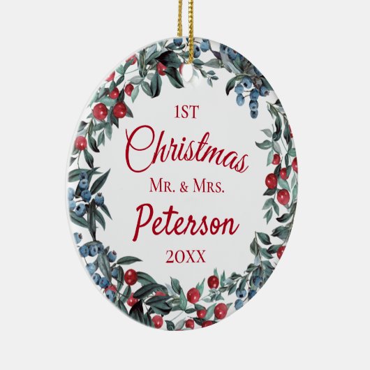 Erste Weihnachten Herr und Frau Berries Wreath Keramik Ornament (Rechts)