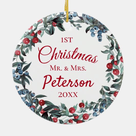 Erste Weihnachten Herr und Frau Berries Wreath Keramik Ornament (Hinten)