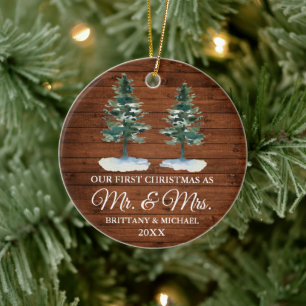 Erste Weihnachten Herr und Frau Rustic Wood Two Pi Keramik Ornament