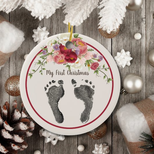 Erste Weihnachten Ihr Baby's Foot Print Red Floral Keramik Ornament