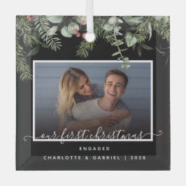 Erste Weihnachten im Verlobten Grünen Foto Ornament Aus Glas