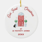 Erste Weihnachten in New Zuhause Cat Wasserfarbtür Keramik Ornament (Hinten)