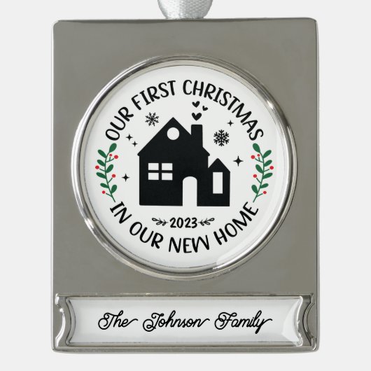 Erste Weihnachten in New Zuhause Personalisiert Banner-Ornament Silber (Vorderseite)