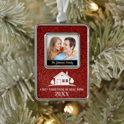 Erste Weihnachten in New Zuhause Rahmen-Ornament Silber (Baum)