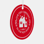 Erste Weihnachten in New Zuhause Red Christmas Ornament Aus Metall (Vorderseite Rechts)