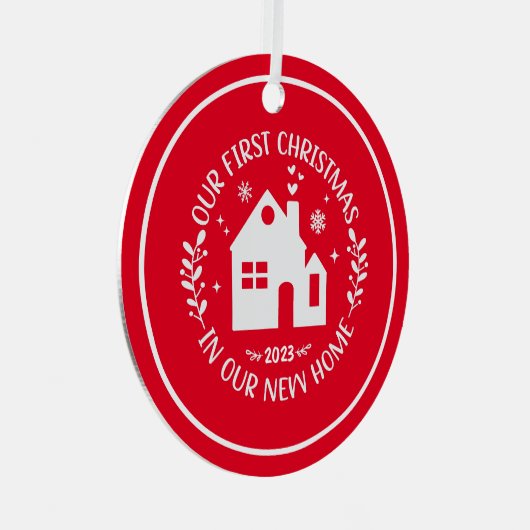 Erste Weihnachten in New Zuhause Red Christmas Ornament Aus Metall (Vorderseite Rechts)