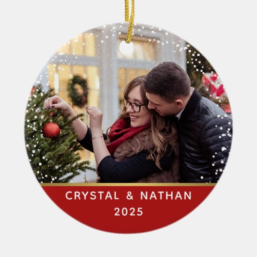 Erste Weihnachten in New Zuhause Red Personalisier Keramik Ornament (Vorne)