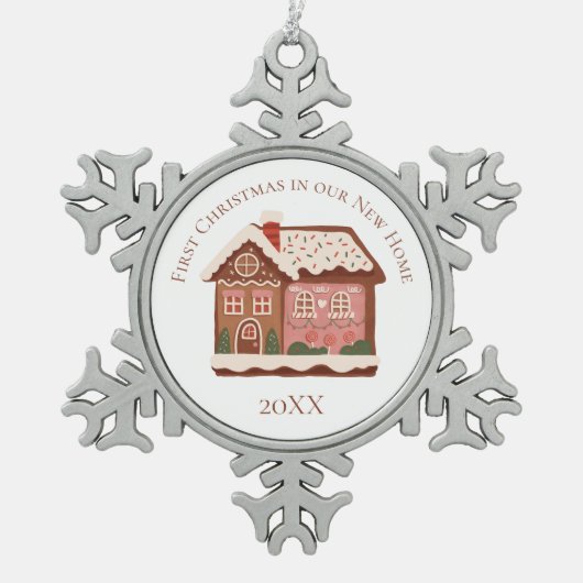 Erste Weihnachten in unserem neuen Zuhause Gingerb Schneeflocken Zinn-Ornament (Vorderseite)