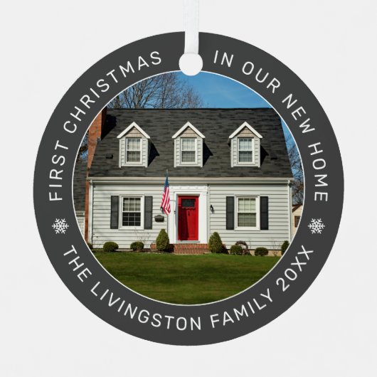 Erste Weihnachten in unserem neuen Zuhause Grau Cu Ornament Aus Metall (Vorderseite)