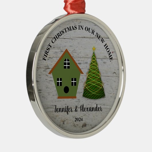 Erste Weihnachten in unserem neuen Zuhause-Holzhüt Ornament Aus Metall (Rechts)