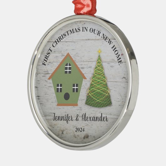 Erste Weihnachten in unserem neuen Zuhause-Holzhüt Ornament Aus Metall (Links)