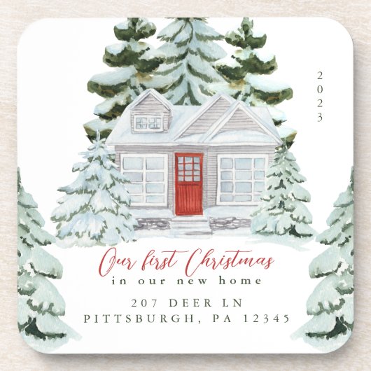 Erste Weihnachten in unserer neuen Zuhause-Adresse Getränkeuntersetzer (Vorderseite)