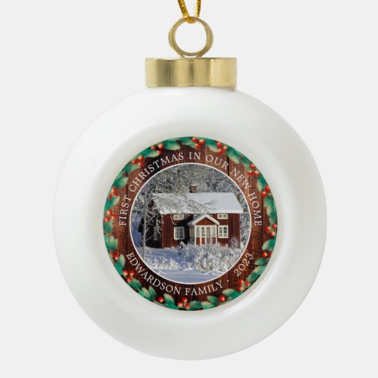 Erste Weihnachten in unserer neuen Zuhause-Foto-Fa Keramik Kugel-Ornament (Vorderseite)