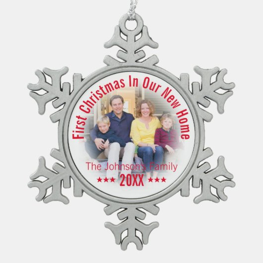 Erste Weihnachten in unserer neuen Zuhause| Person Schneeflocken Zinn-Ornament (Vorderseite)