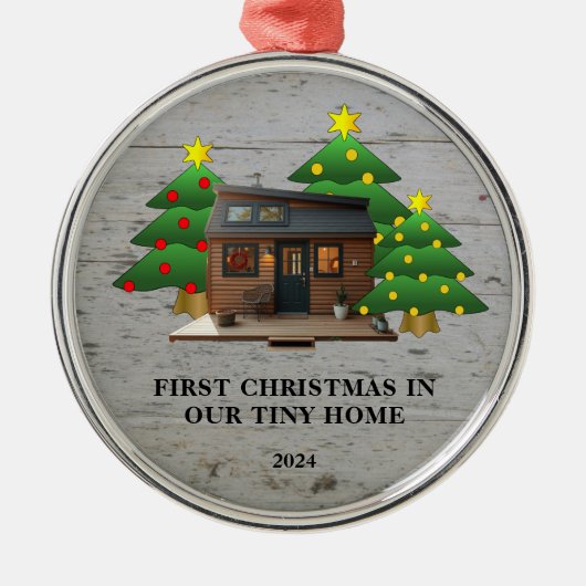 Erste Weihnachten in unserer Tiny Zuhause rustikal Ornament Aus Metall (Vorne)