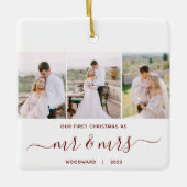 Erste Weihnachten Mr. and Mrs. 3 Foto Red Script Keramikornament (Vorderseite)
