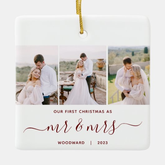 Erste Weihnachten Mr. and Mrs. 3 Foto Red Script Keramikornament (Vorderseite)