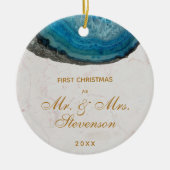 Erste Weihnachten Mr. & Mrs. Blue Geode Golden Scr Keramik Ornament (Vorne)
