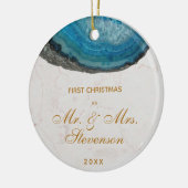 Erste Weihnachten Mr. & Mrs. Blue Geode Golden Scr Keramik Ornament (Links)