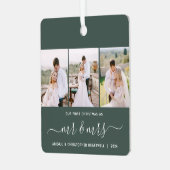 Erste Weihnachten Mr. und Mrs. 3 Foto Script Green Ornament Aus Metall (Vorderseite links)