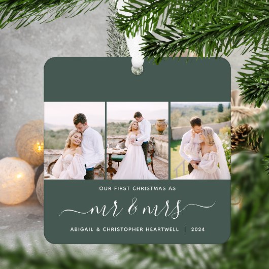 Erste Weihnachten Mr. und Mrs. 3 Foto Script Green Ornament Aus Metall