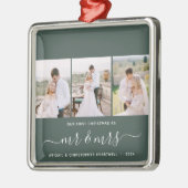 Erste Weihnachten Mr. und Mrs. 3 Foto Script Green Ornament Aus Metall (Links)