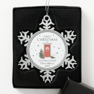 Erste Weihnachten Neue Zuhause-Adresse Custom Orna Schneeflocken Zinn-Ornament