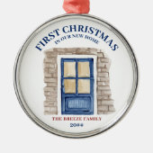 Erste Weihnachten Neue Zuhause Blue Door Winter Bo Ornament Aus Metall (Vorne)