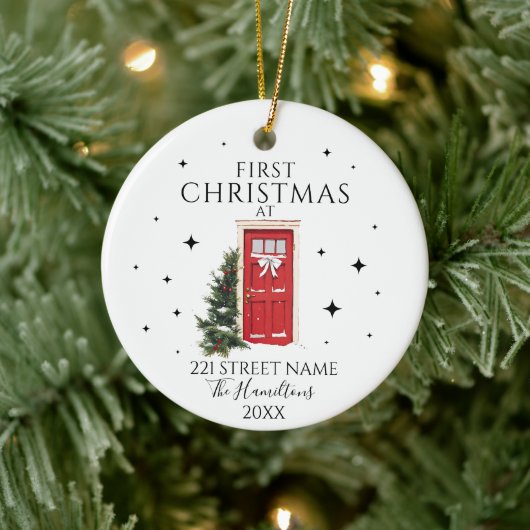 Erste Weihnachten Neue Zuhause Elegante Rote Tür C Keramik Ornament (Baum)